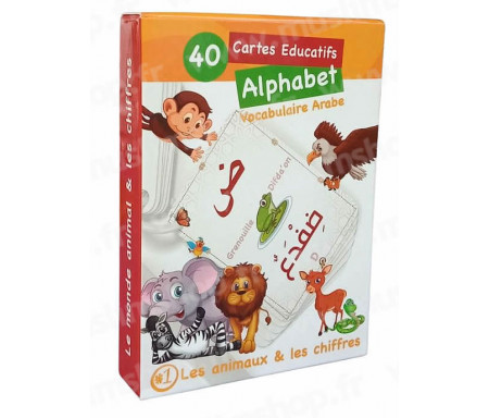 40 cartes Educatives pour apprendre l' Alphabet et le Vocabulaire Arabe - n°1 Les Animaux & Les Chiffres