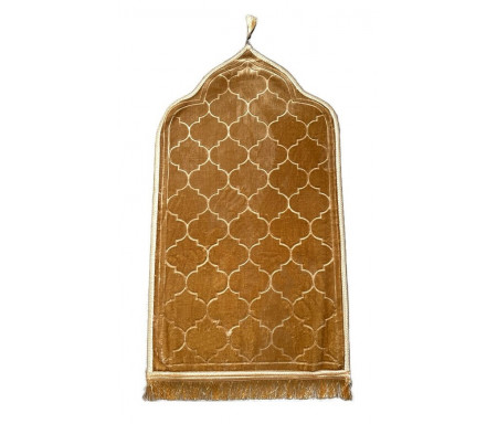 Tapis de prière original en forme de Mihrab avec parties dorées (Sajjada adulte Design Mehrab / Mosquée) - Couleur marron