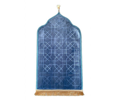 Tapis de prière original en forme de Mihrab avec parties dorées (Sajjada adulte Design Mehrab / Mosquée) - Couleur bleu océan