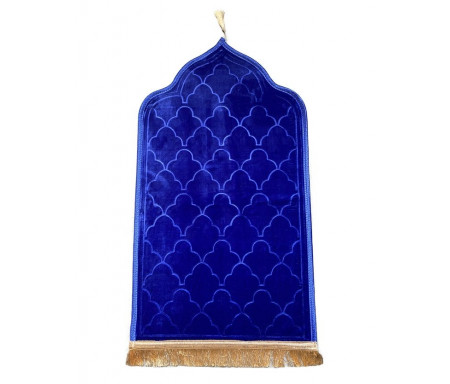 Tapis de prière original en forme de Mihrab avec parties dorées (Sajjada adulte Design Mehrab / Mosquée) - Couleur bleu roi