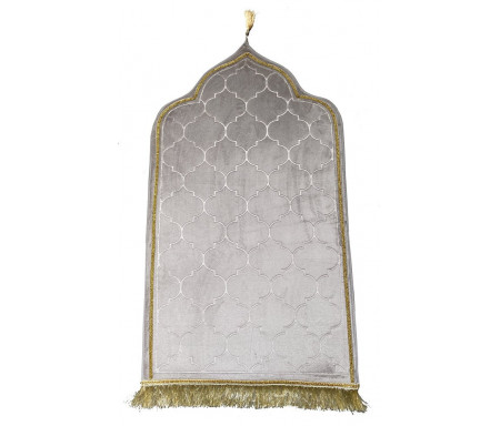 Tapis de prière de luxe doré pour adulte sous forme de mosquée (Mihrab) - Couleur gris clair brillant (argenté)