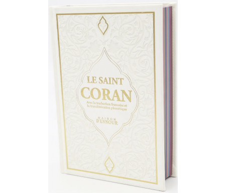 Le Saint Coran blanc doré Couverture Daim - Pages Arc-En-Ciel (Français-Arabe-Phonétique)