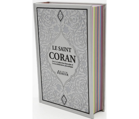 Le Saint Coran Argenté Couverture Daim - Pages Arc-En-Ciel (Français-Arabe-Phonétique - Maison Ennour)