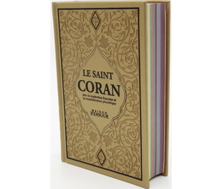 Le Saint Coran Doré Couverture Daim - Pages Arc-En-Ciel (Français-Arabe-Phonétique)