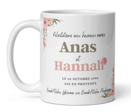 Mug / Tasse "Félicitations aux Heureux Mariés" personnalisable avec prénoms