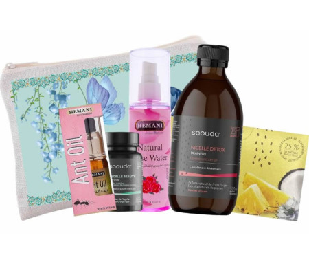 Mon Kit Complet Detox 100% Cocooning : Draineur à la nigelle , Capsule beauté , Thé nigelle saveur Coco et Ananas , Huile anti-pousse de poils et Eau de Rose Purifiante - Trousse Elégance Bleu Offerte !