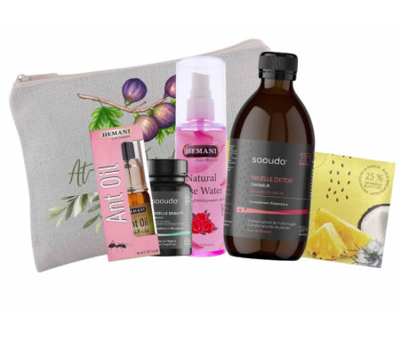 Mon Kit Complet Detox 100% Cocooning : Draineur à la nigelle , Capsule beauté , Thé nigelle saveur Coco et Ananas , Huile anti-pousse de poils et Eau de Rose Purifiante - Trousse Elégance Violette Offerte !