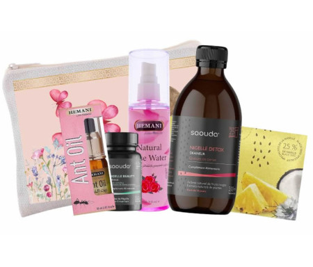 Mon Kit Complet Detox 100% Cocooning : Draineur à la nigelle , Capsule beauté , Thé nigelle saveur Coco et Ananas , Huile anti-pousse de poils et Eau de Rose Purifiante - Trousse Elégance Rose Offerte !