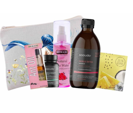 Mon Kit Complet Detox 100% Cocooning : Draineur à la nigelle , Capsule beauté , Thé nigelle saveur Coco et Ananas , Huile anti-pousse de poils et Eau de Rose Purifiante - Trousse Elégance Azur Offerte !