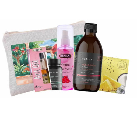 Mon Kit Complet Detox 100% Cocooning : Draineur à la nigelle , Capsule beauté , Thé nigelle saveur Coco et Ananas , Huile anti-pousse de poils et Eau de Rose Purifiante - Trousse Elégance Offerte !