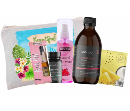 Mon Kit Complet Detox 100% Cocooning : Draineur à la nigelle , Capsule beauté , Thé nigelle saveur Coco et Ananas , Huile anti-pousse de poils et Eau de Rose Purifiante - Trousse Elégance Doré Offerte !