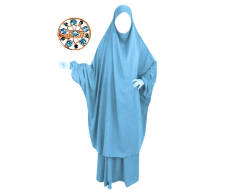 Jilbab Jupe Al Haya avec Manchettes Lycra Bleu Givre : 2 pièces pour femme musulmane en Taille 2 (de 1m70 à 1m80)