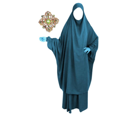 Jilbab Jupe Al Haya avec Manchettes Lycra Bleu Paon : 2 pièces pour femme musulmane en Taille 1 (de 1m60 à 1m70)