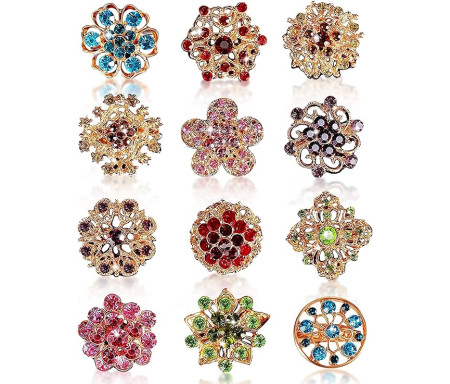 Lot de 12 Broches Fleur Strass : Alliage Élégant & Léger