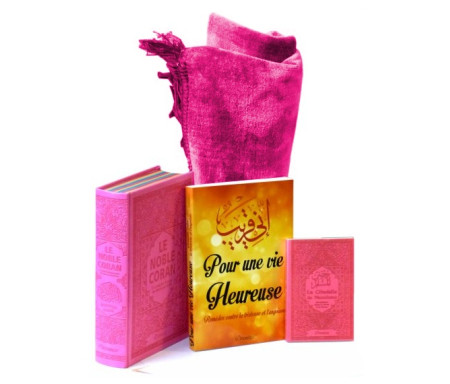 Coffret cadeau rose pour femme : Le Noble Coran avec couleurs Arc-en-ciel, La Citadelle du Musulman, Tapis en velours et Livre "Pour une vie Heureuse"