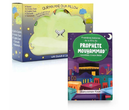 Pack : Livre Premières histoires de la Sîra et mon Coussin Nuage Qur'an et Dou'a - Version Jaune
