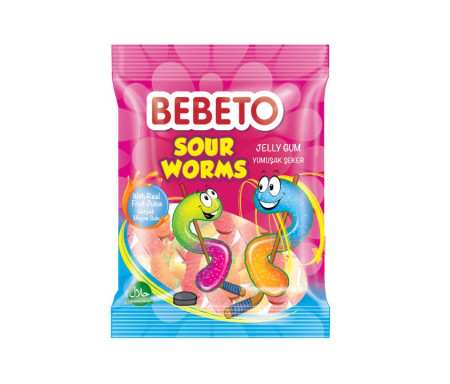 Bonbons Halal Sour Worms (Vers de terre) - Fabriqué avec du vrai Jus de Fruit - Bebeto - Sachet 80gr
