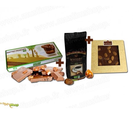 Pack Découverte Bionoor : Dattes fraîches Bio "Deglet Nour" Bionoor 1kg + Chocolat Lait - Amande Bionoor 115g + Café Biologique 