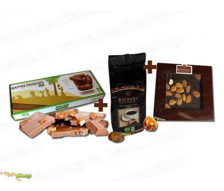 Pack Découverte Bionoor : Dattes fraîches Bio "Deglet Nour" Bionoor 1kg + Chocolat Noir - Amande Bionoor 115g + Café Biologiq