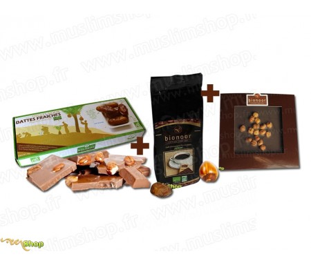 Pack Découverte Bionoor : Dattes fraîches Bio "Deglet Nour" Bionoor 1kg + Chocolat Noir - Noisettes Bionoor 115g + Café Biologi