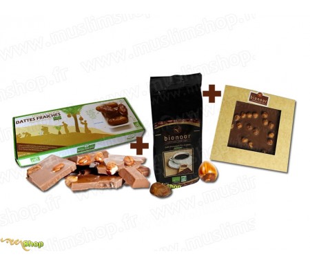 Pack Découverte Bionoor : Dattes fraîches Bio "Deglet Nour" Bionoor 1kg + Chocolat Lait - Noisettes Bionoor 115g + Café Biologiq