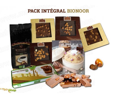 Pack Intégral Bionoor : Dattes fraîches Bio "Deglet Nour" Bionoor 1kg + Chocolat Lait - Amande Bionoor 115g + Café Biologique Bi