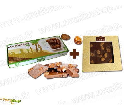 Pack Bionoor :Dattes fraîches Bio "Deglet Nour" Bionoor 1kg + Chocolat Lait - Amande Bionoor - 115g