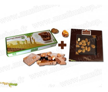 Pack Bionoor : Dattes fraîches Bio "Deglet Nour" Bionoor 1kg + Chocolat noir - Amande Bionoor - 115g