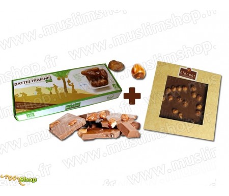 Pack Bionoor : Dattes fraîches Bio "Deglet Nour" Bionoor 1kg + Chocolat Lait - Noisettes Bionoor - 115g